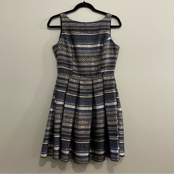 Bb Dakota Kinley Southwest Blue Grey Silver Retro Boat Neck Fit-n-Flare Dress - Picture 2 of 15